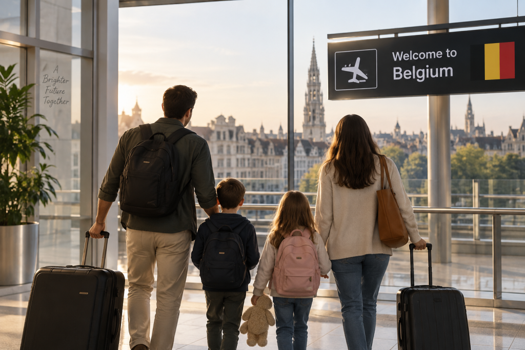 Family relocating to Belgium with children, viewed inside an airport with Antwerp cityscape in the background.