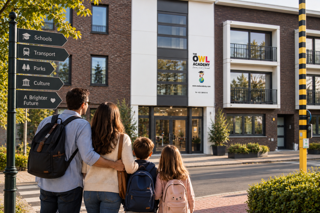 Family arriving at Owl Academy International School in Belgium with children carrying backpacks.