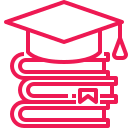 Pink graduation cap and books icon representing university preparation.