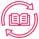 Pink line-style icon of an open book surrounded by circular arrows, representing continuity from previous schooling.
