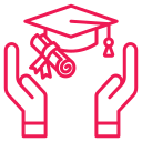 Pink graduation cap and helping hands icon representing personalised academic support.