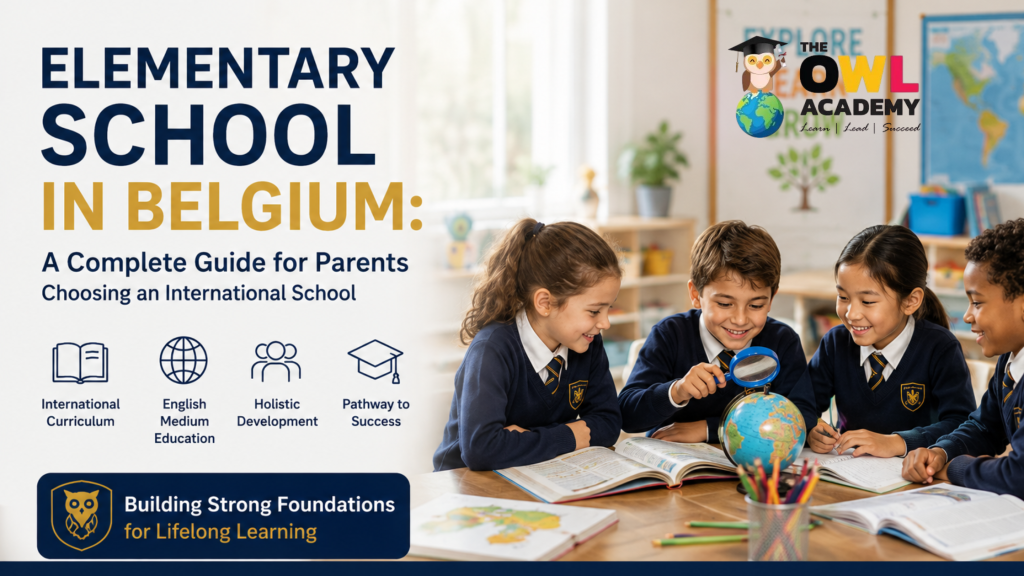 Elementary school students learning together in an international school in Belgium
