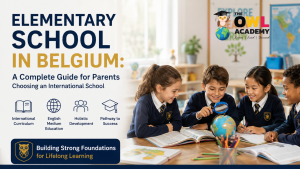 Elementary school students learning together in an international school in Belgium