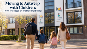 Family arriving at The Owl Academy while moving to Antwerp with children