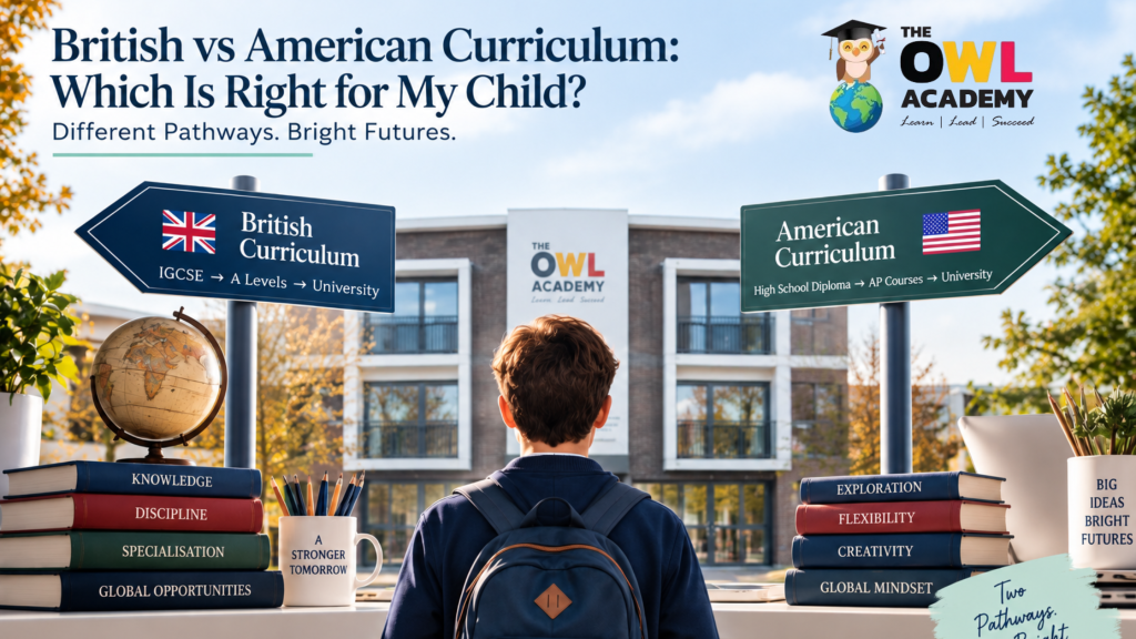 British vs American curriculum comparison at The Owl Academy, showing two educational pathways