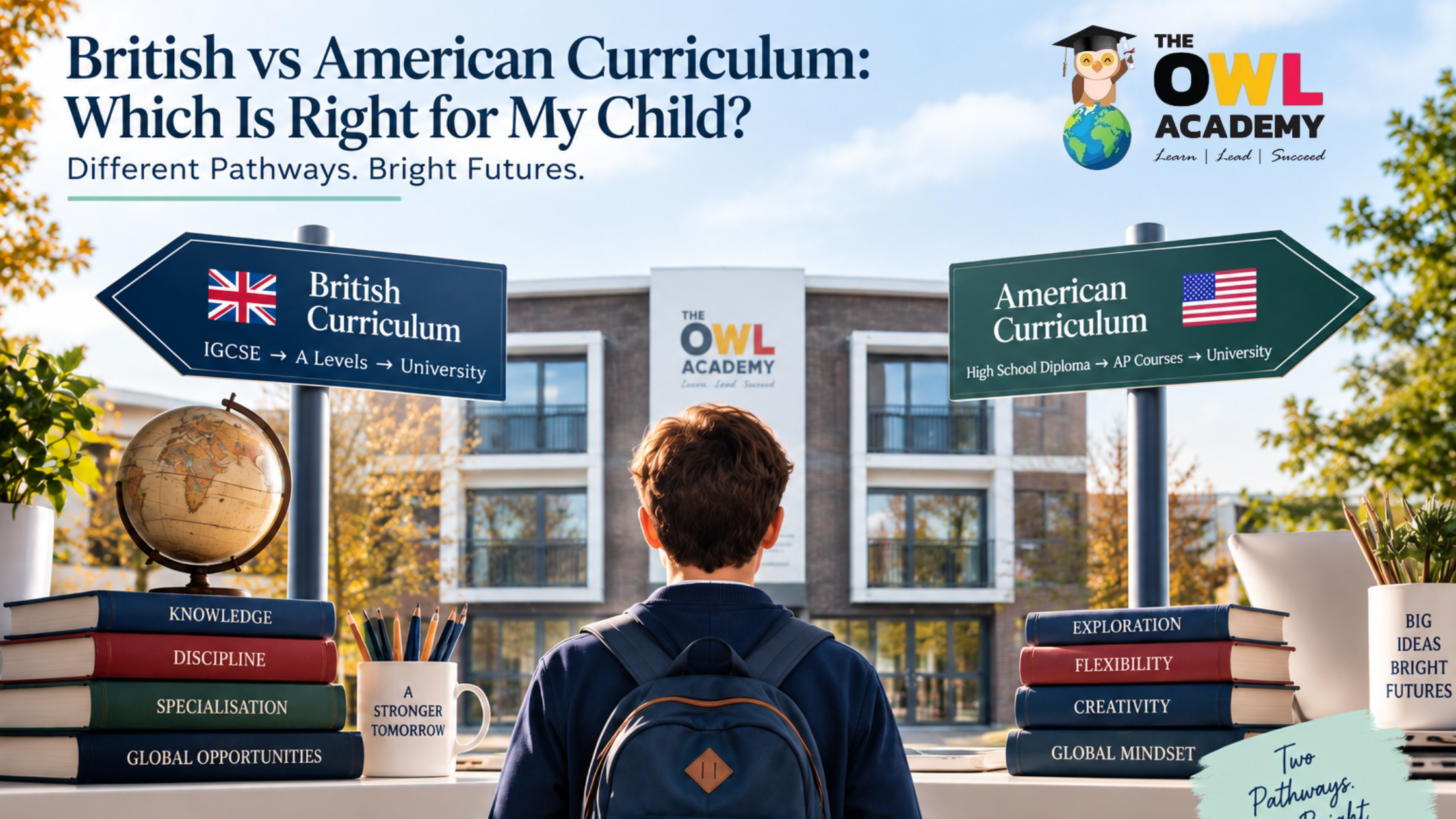 British vs American curriculum comparison at The Owl Academy, showing two educational pathways