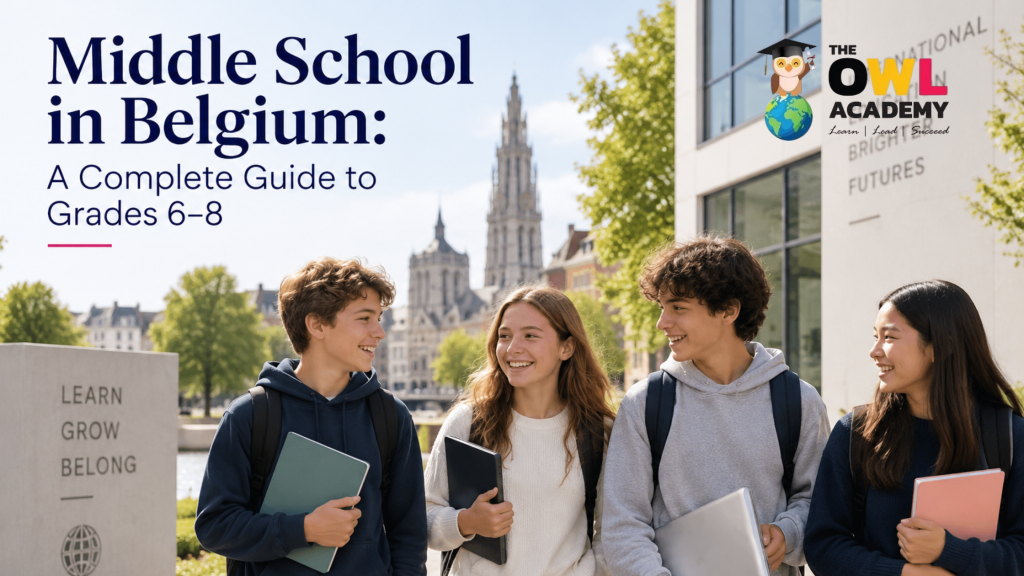 Middle school students in Belgium with backpacks and books outside a modern international school