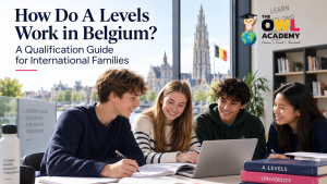 International students studying A Levels in Belgium with books and a laptop