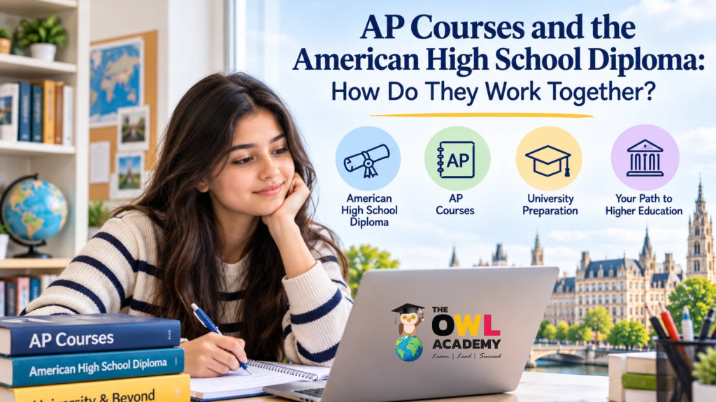 Student using a laptop to study AP courses and the American High School Diploma.