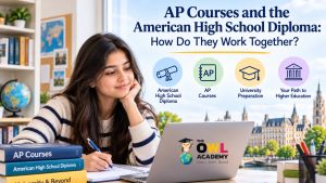Student using a laptop to study AP courses and the American High School Diploma.