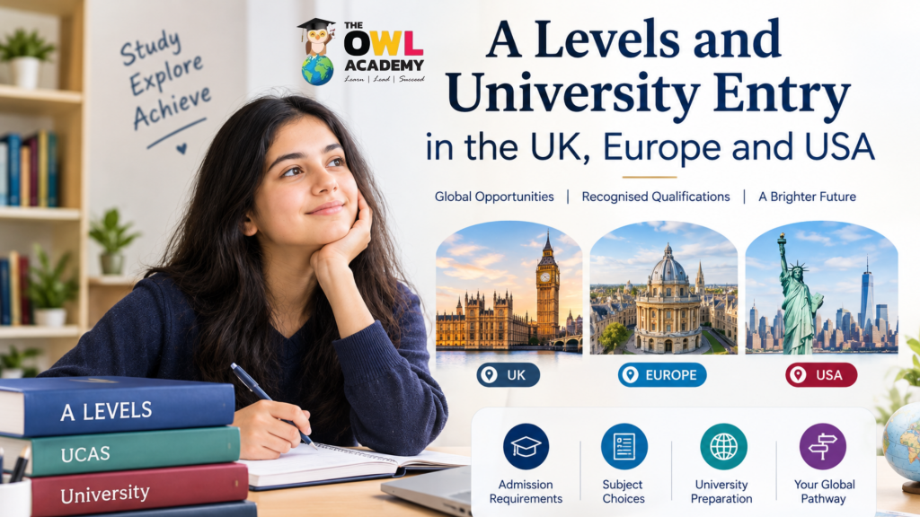 Student studying A Levels and exploring university entry opportunities in the UK, Europe and USA.