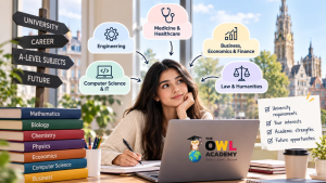 Student choosing A-Level subjects for future university courses, including Medicine, Engineering, Business and Computer Science.