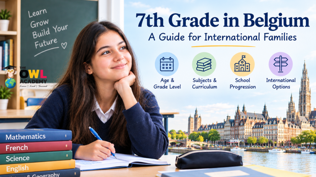 Student studying in a classroom with textbooks, representing 7th grade education and school progression in Belgium.